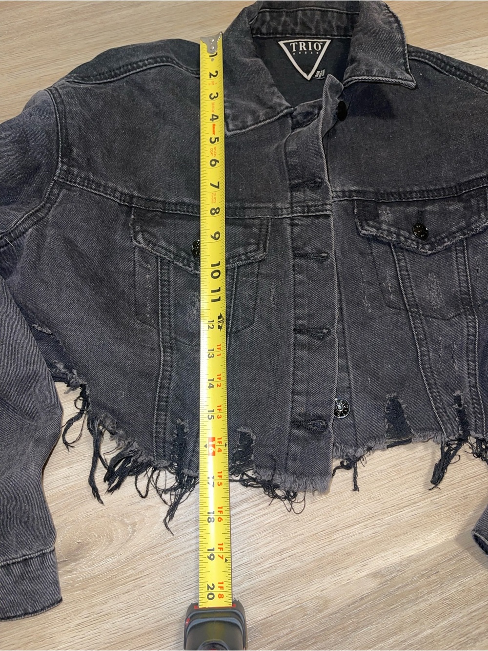 Trio Urban Blessed Virgin Mary Cropped Denim Jacket Black S/M - Picture 5 of 6